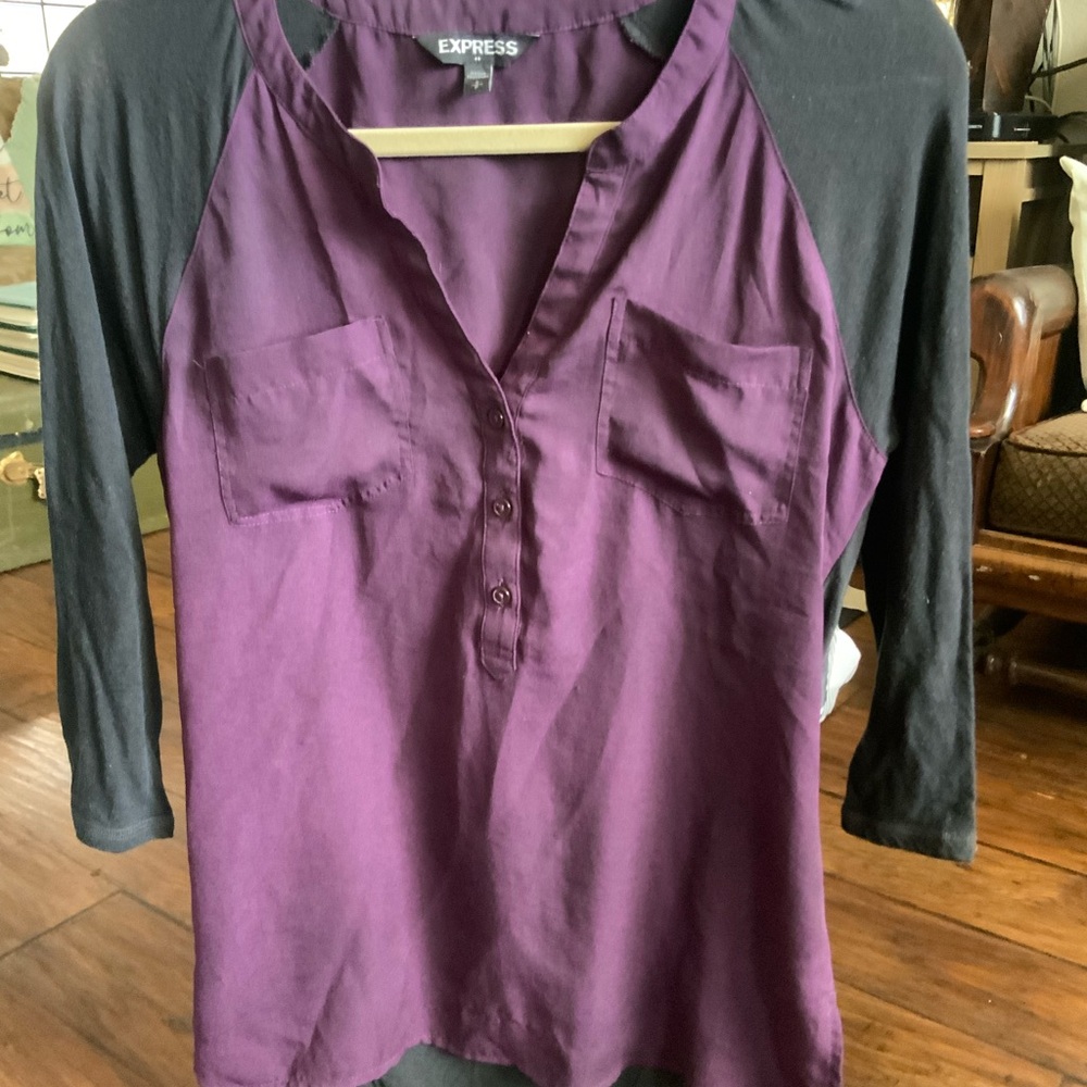 Express Purple and Black Raglan Henley Shirt